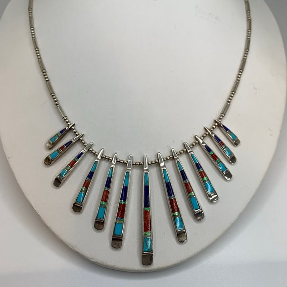 Reversible Silver and Turquoise Inlay Necklace with Fan Design Item #3870 - Picture 2 of 12